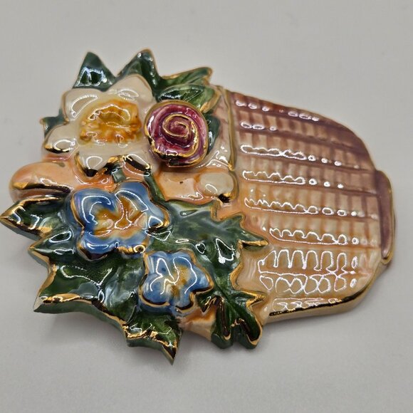VTG Brooch Handpainted Ceramic Floral Basket Cottage Granny Core Boho Summer Pin - Picture 6 of 15